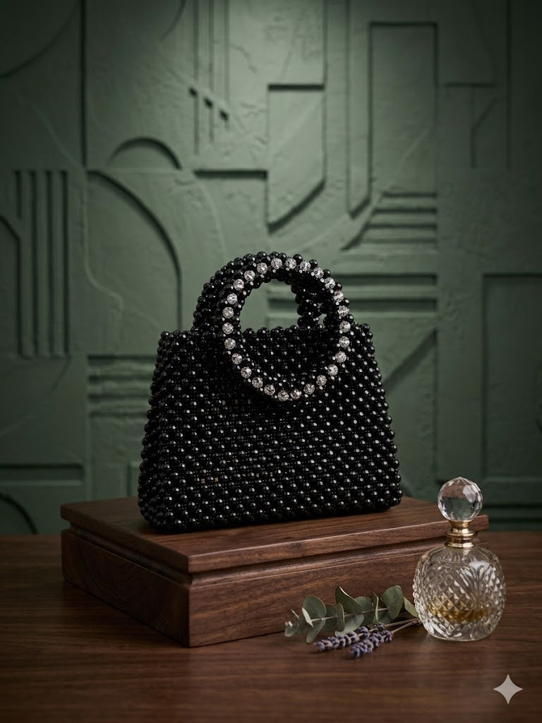 ✨ Title:  Black Acrylic Beaded Handbag with White Crystals Handle – Premium Festive Edition