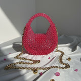 Crystal Pink Beaded Mini Handbag with Gold Chain