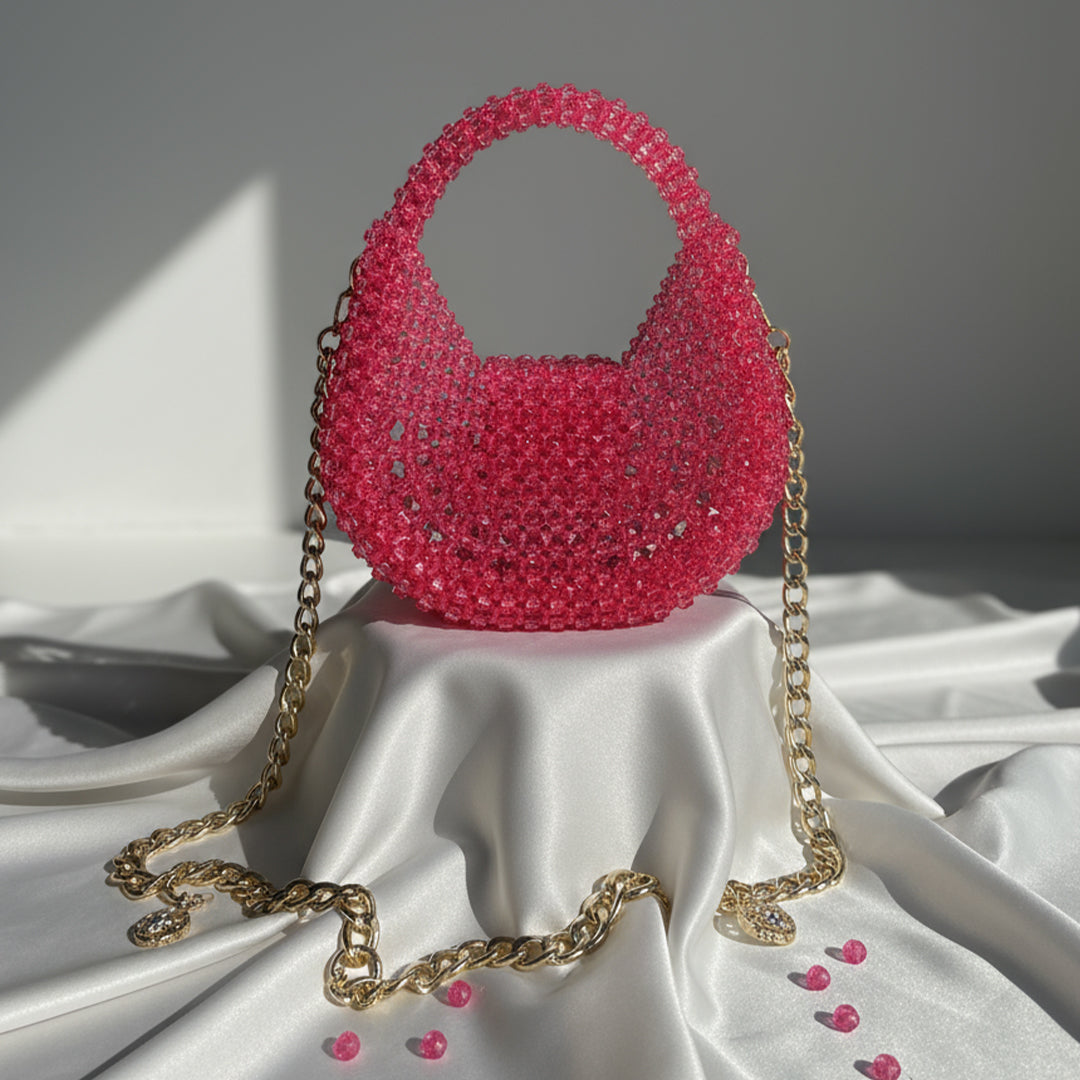 Crystal Pink Beaded Mini Handbag with Gold Chain