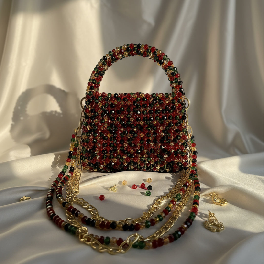✨ Title:  Multicolor Crystal Beaded Handbag with Gold Chain – Premium Festive Edition