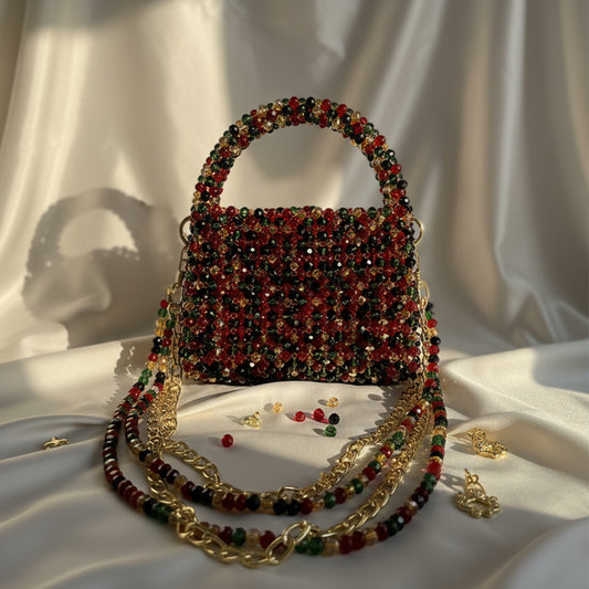 ✨ Title:  Multicolor Crystal Beaded Handbag with Gold Chain – Premium Festive Edition