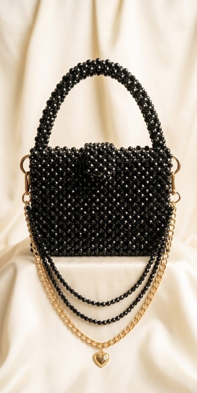 ✨ Title:  Black Crystal Beaded Handbag with Gold Chain – Premium Festive Edition