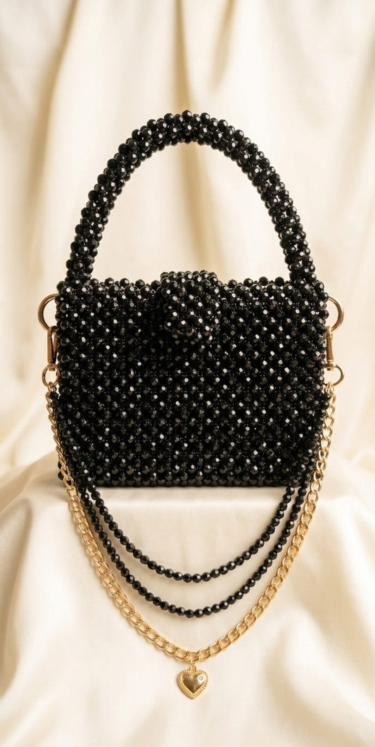 ✨ Title:  Black Crystal Beaded Handbag with Gold Chain – Premium Festive Edition