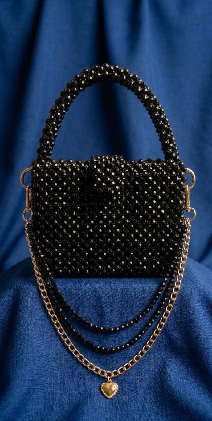 ✨ Title:  Black Crystal Beaded Handbag with Gold Chain – Premium Festive Edition