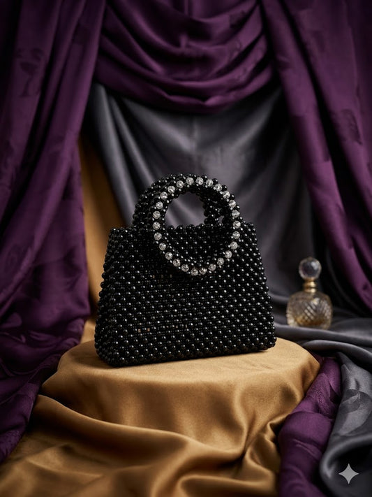 ✨ Title:  Black Acrylic Beaded Handbag with White Crystals Handle – Premium Festive Edition
