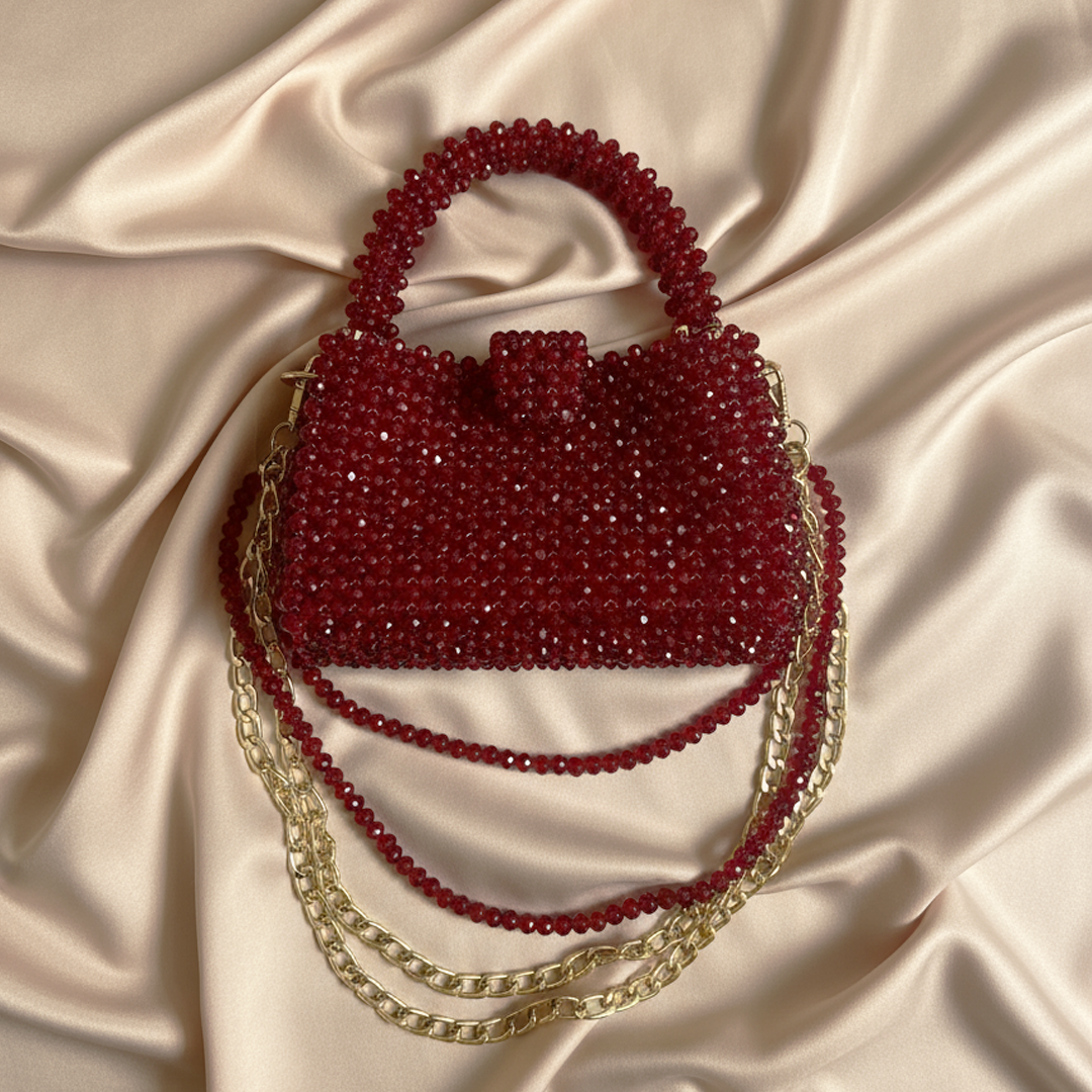 Wine Red Crystal Bead Handbag