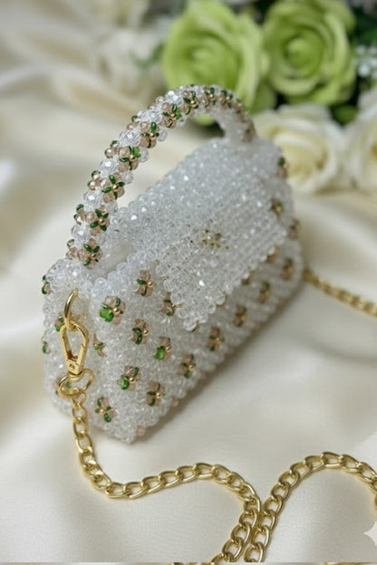 White Floral Crystal Beaded Bag with Gold Chain Strap