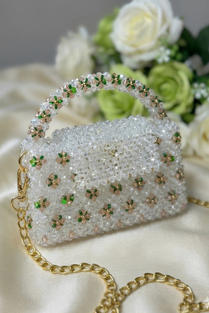 White Floral Crystal Beaded Bag with Gold Chain Strap