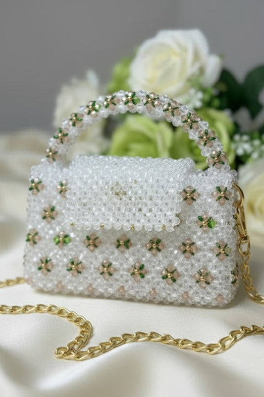 White Floral Crystal Beaded Mini Bag with Gold Chain Strap